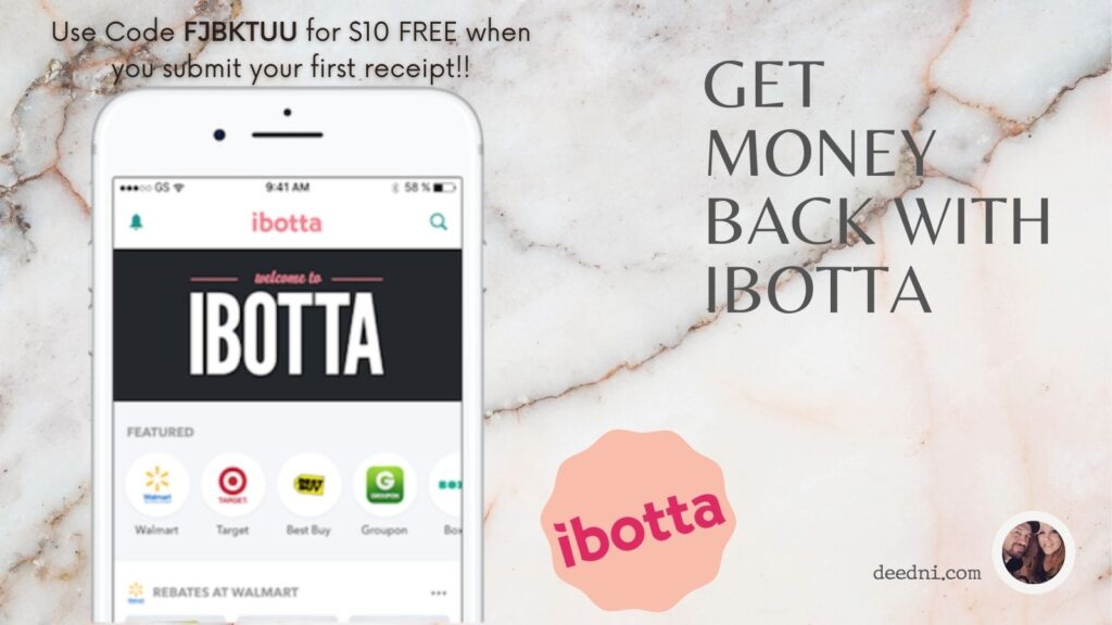 Ibotta Share & Earn, logo on phone marble background. Use Code FJBKTUU for bonuses upon signup