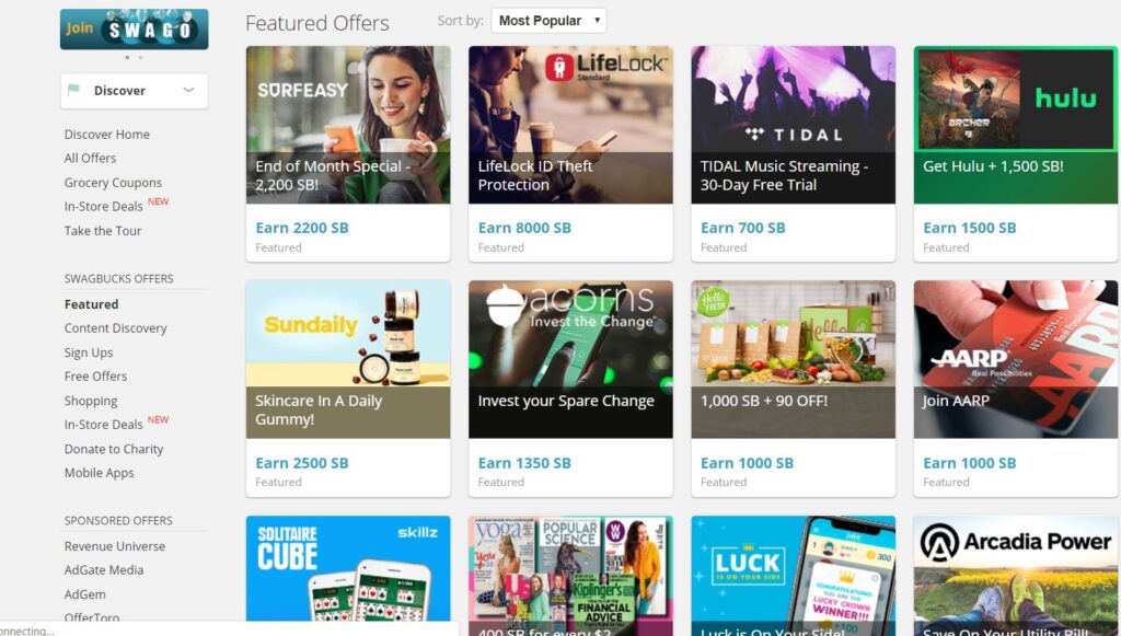 Swagbucks Featured Offers Screenshot