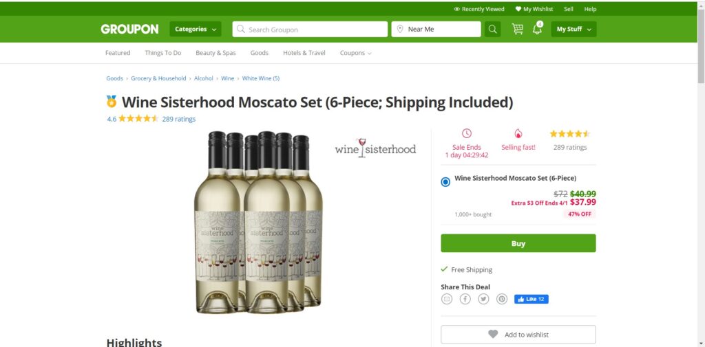 Groupon Purchase Example Sisterhood Moscato Set