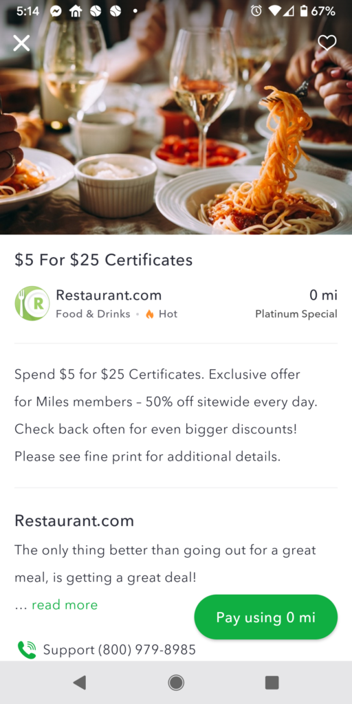 Miles App Restaurant.com Reward