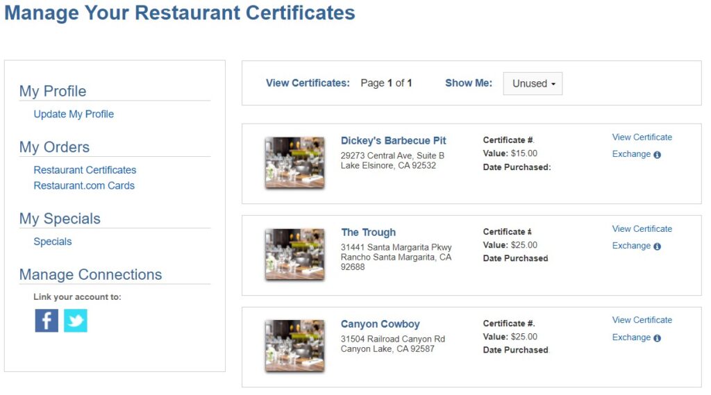 Restaurant.com Certificates