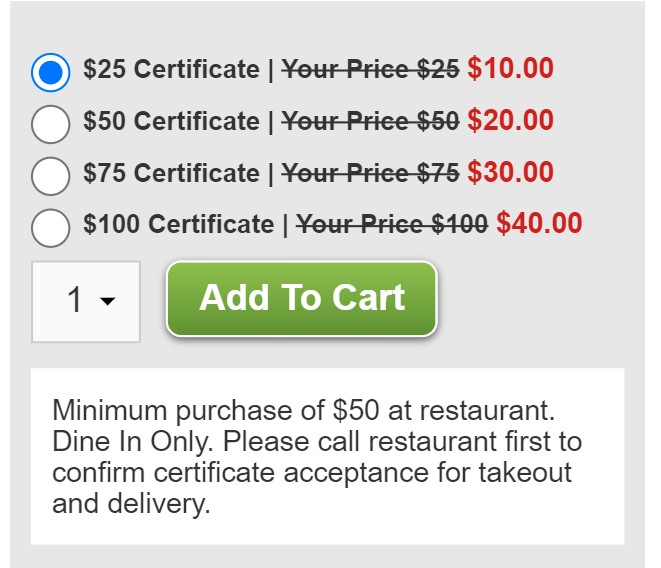 Restaurant.com Purchase Screen