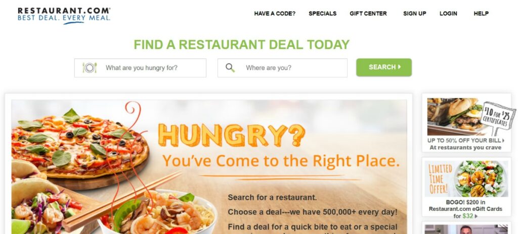 Restaurant.com Main Screen