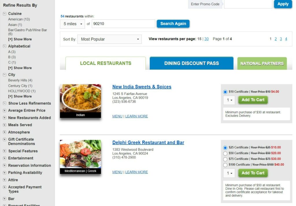 Restaurant.com Search Results