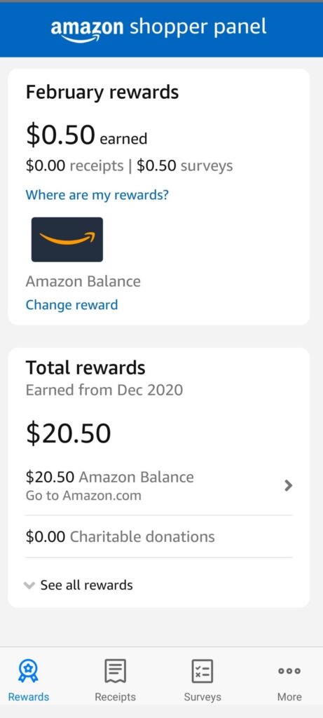 Amazon Shopper Panel Rewards Screen