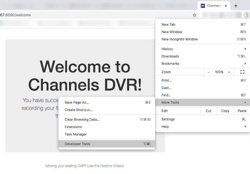 Channels DVR chrome browser open developer tools