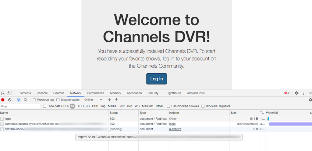 channels dvr setup initial screen with dev tools