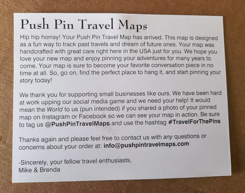 Postcard to accompany Push Pin Travel Maps