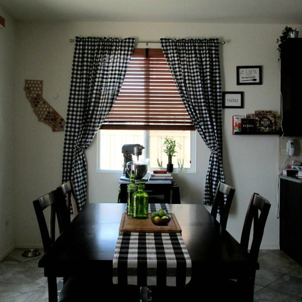 Buffalo Check Curtains and Table Runner in Neutral Colored Kitchen