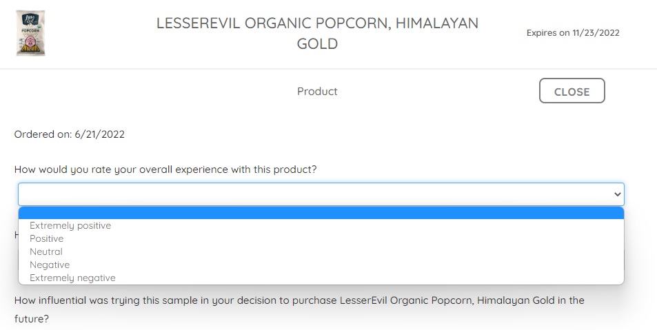 PINCHme Feedback Survey for Lesserevil Organic Popcorn