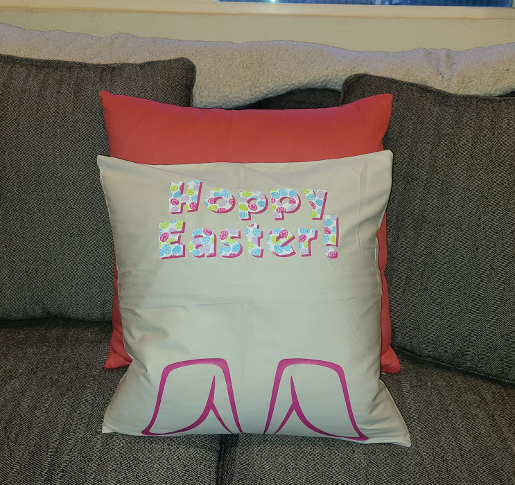 4 Pack Cotton Throw Pillow Cover- 16x16 Off White Customized to say "hoppy easter" with bunny ears at the bottom. Using patterned and solid HTV