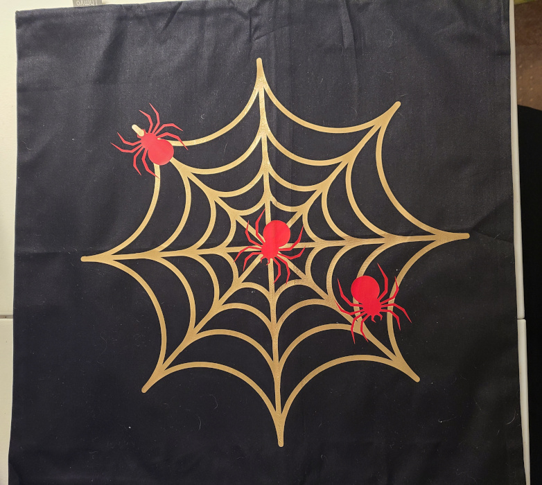 4 Pack Cotton Throw Pillow Cover- 16x16 Black customized with red and gold htv to depict a gold spider web and red spiders for Halloween