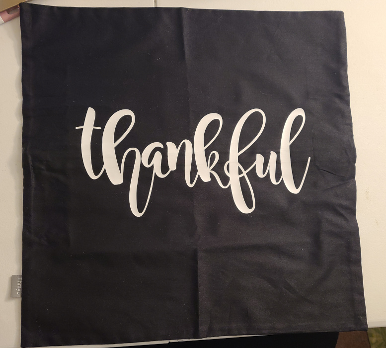 4 Pack Cotton Throw Pillow Cover- Black 16x16 customized with the word 'thankful' using white HTV