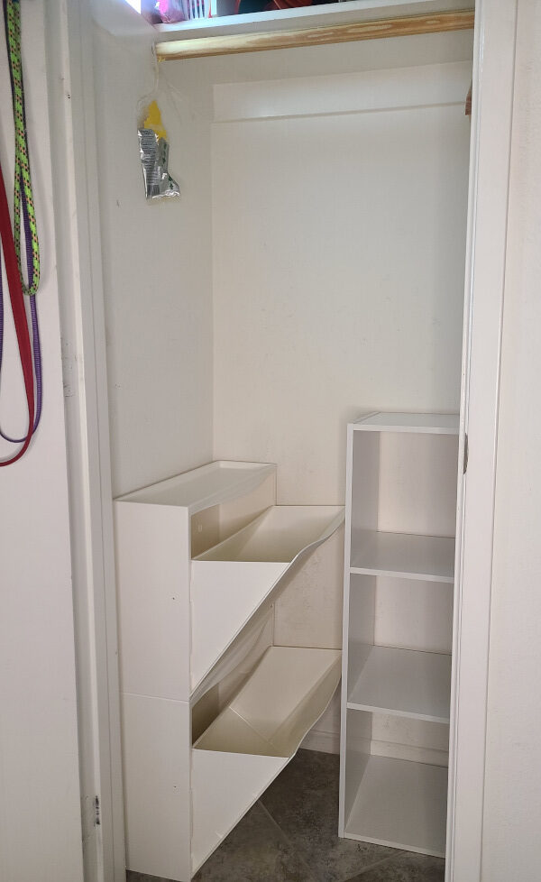 Entryway closet with Trones Shoe cabinet and cubby from Target