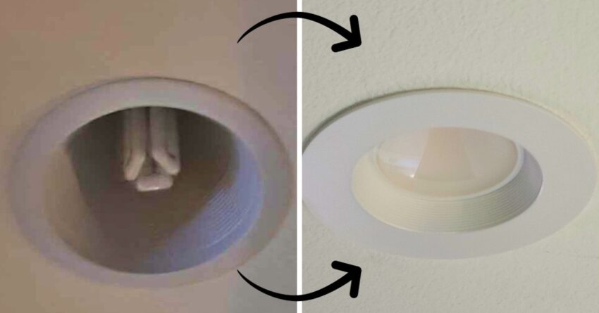 CFL on left to LED on right. Replacing ceiling lights.